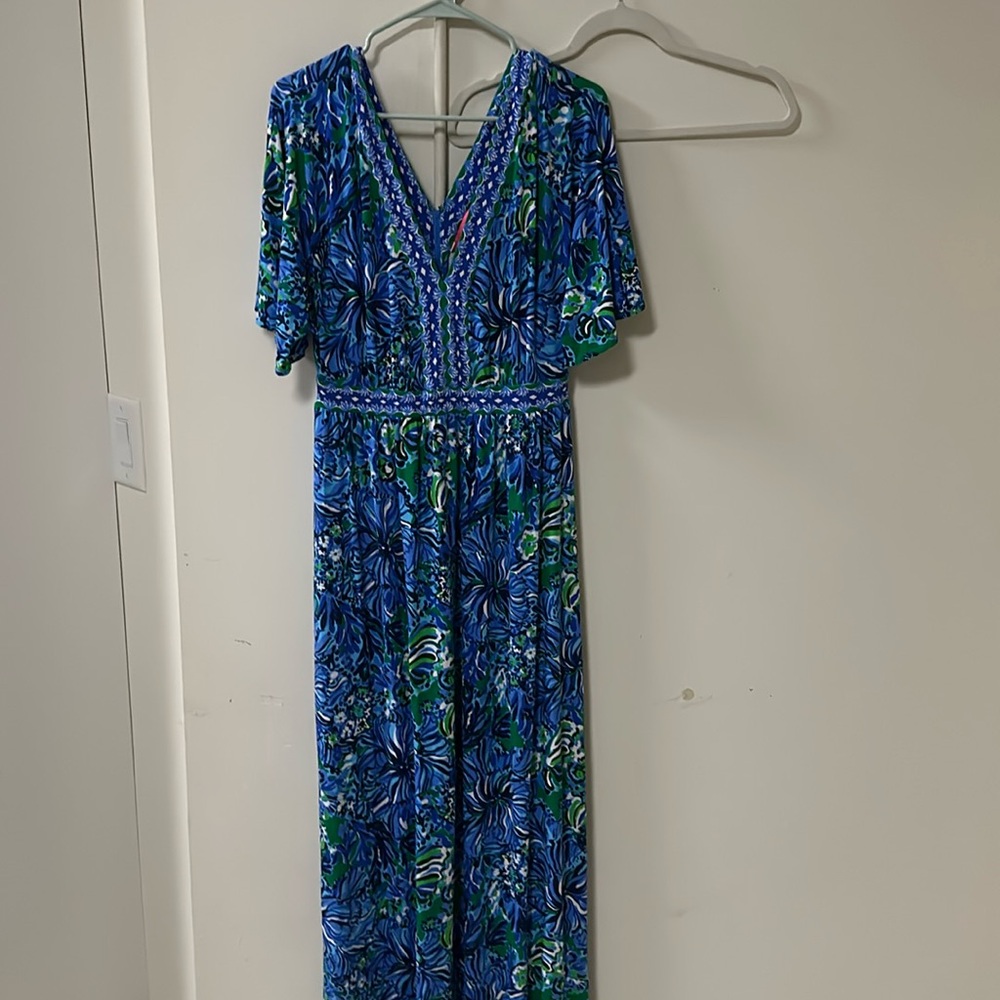 Long blue green and white maxi dress. 94% rayon 6% spandex